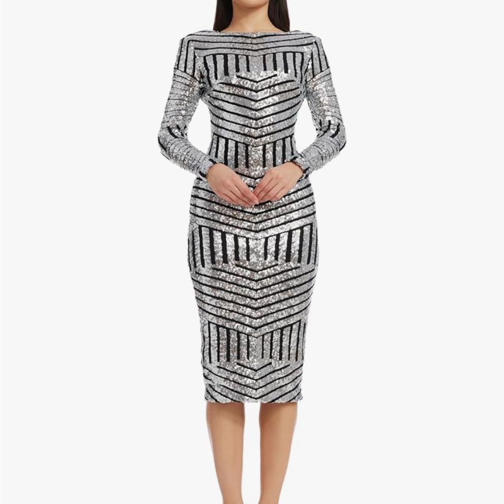 Silver And Black Midi Bodycon Dress With Long Cuffed Sleeves And Bateau Neckline
